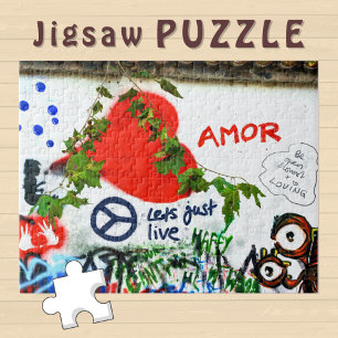 Amor Heart and Peace on a Graffiti Wall - Jigsaw Puzzle