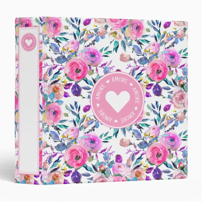 Amore Amore Pink Logo Floral Pattern 3 Ring Binder (Front/Spine)