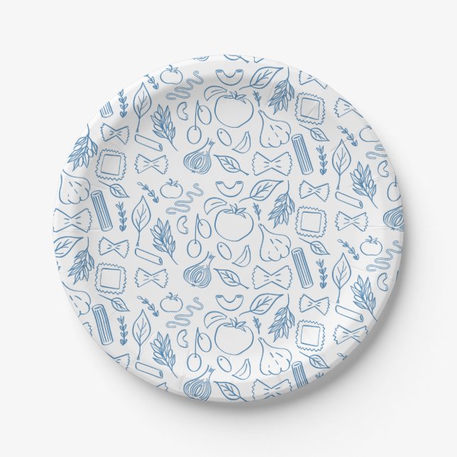 Amore Classic Italian Pasta Shapes Blue & White Paper Plates (Front)