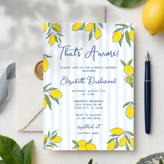 Amore Hand Drawn Lemons Blue Stripes Bridal Shower Invitation (Creator Uploaded)