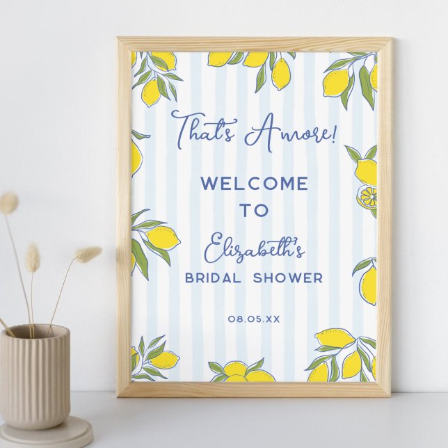 Amore Hand Drawn Lemons Blue Stripes Bridal Shower Poster (Creator Uploaded)