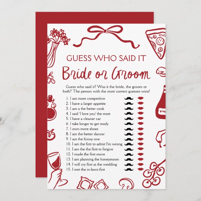 Amore Italian Bride or Groom Bridal Shower Game Invitation (Front/Back)