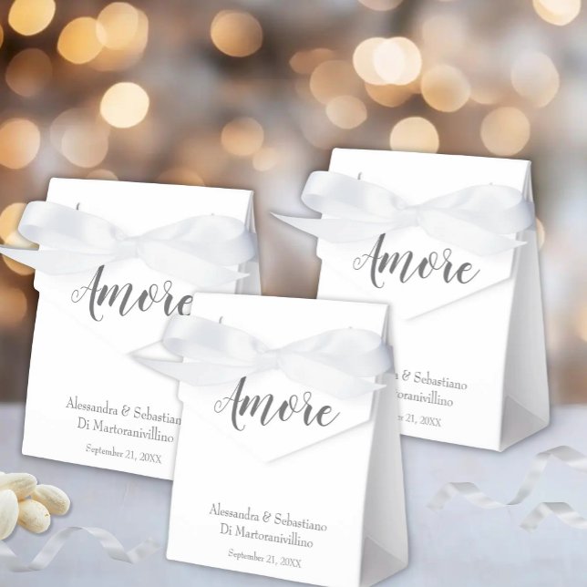 Amore Italian Favor Boxes (Amore Script White Tent Favor Boxes for Italian Wedding, Engagement, or Anniversary)