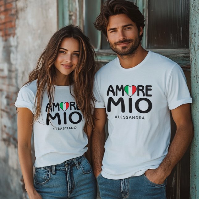 Amore Mio Couples Italian Flag Heart White T-Shirt (Amore Mio Personalized Couples White T-shirt for Valentine's Engagement Wedding)