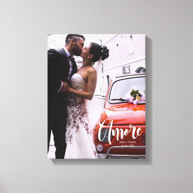 Amore, Modern Script • Custom Photo, Names & date Canvas Print (Front)