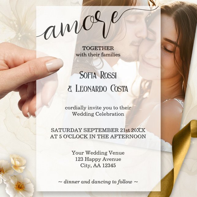 Amore Script Elegant Italian Wedding Vellum Invitations (Elegant vellum wedding invitation overlay featuring an Italian "amore" script.)
