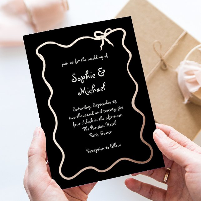 Amour Black | French Bow Wedding Rose Gold Foil Invitation (Creator Uploaded)