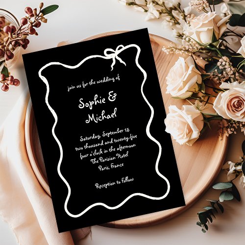 Amour  Black Illustrated French Bow Wedding Invitation