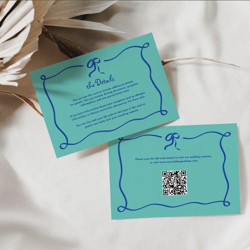 Amour  Blue and Teal Bow Wedding Details QR Code Enclosure Card
