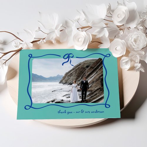 Amour  Blue and Teal French Bow and Photo Wedding Thank You Card