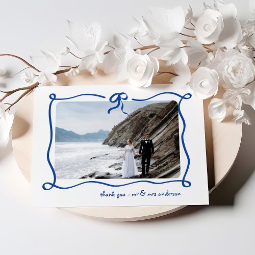 Amour  Blue French Bow and Photo Wedding Thank You Card