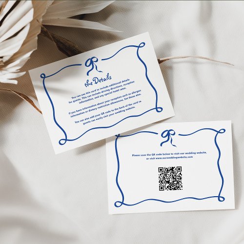 Amour  Blue French Bow Wedding Details QR Code Enclosure Card