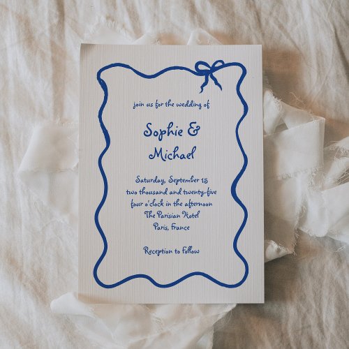 Amour  Blue Illustrated French Bow Wedding Invitation