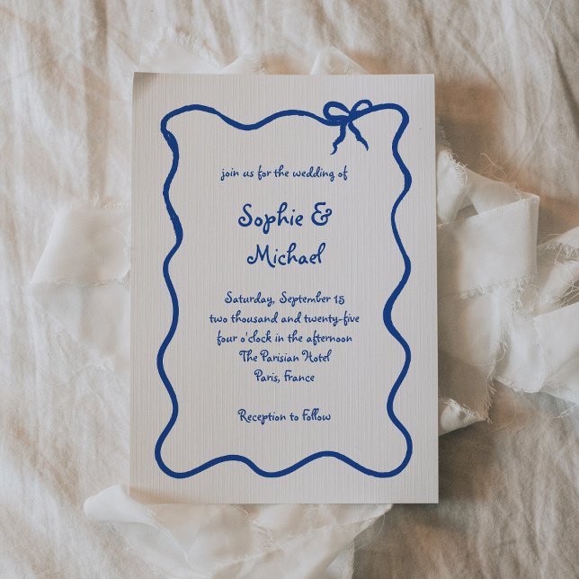 Amour | Blue Illustrated French Bow Wedding Invitation (Creator Uploaded)