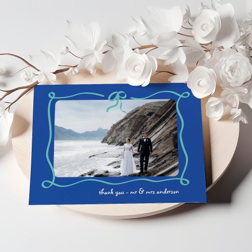 Amour  Blue Teal White French Bow Photo Wedding Thank You Card