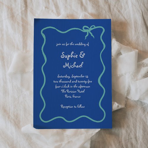 Amour  Blue White and Teal French Bow Wedding Invitation