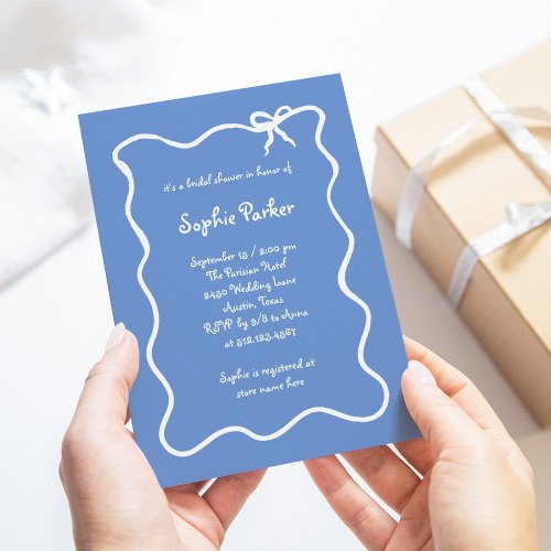 Amour  Illustrated French Bow Blue Bridal Shower Invitation