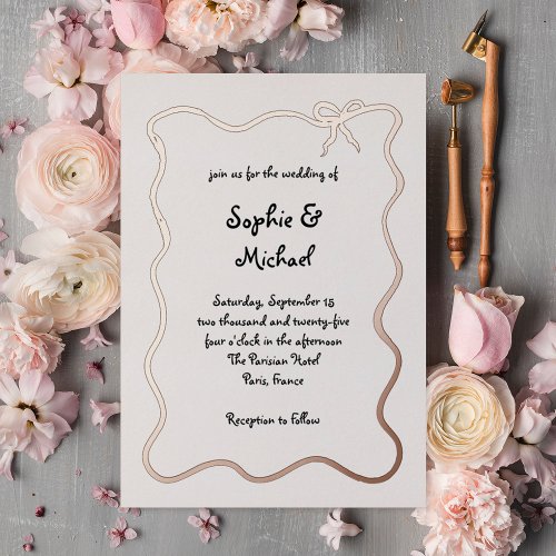 Amour  Illustrated French Bow Wedding Rose Gold Foil Invitation