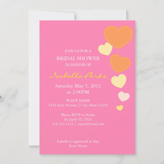 Amour Pink & Orange Bridal Shower Invitation 5 x 7 (Front)