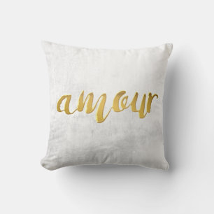 Amour -Print Letter Gold Foil Typography Brush Throw Pillow
