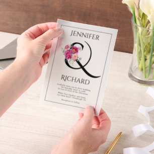 Ampersand and bouquet of pink roses floral wedding vellum invitations