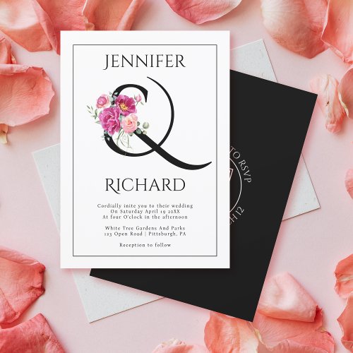 Ampersand and bouquet of pink roses QR wedding Invitation