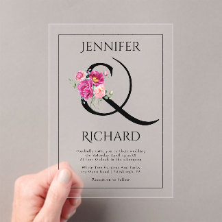 Ampersand and bouquet of pink roses wedding acrylic invitations
