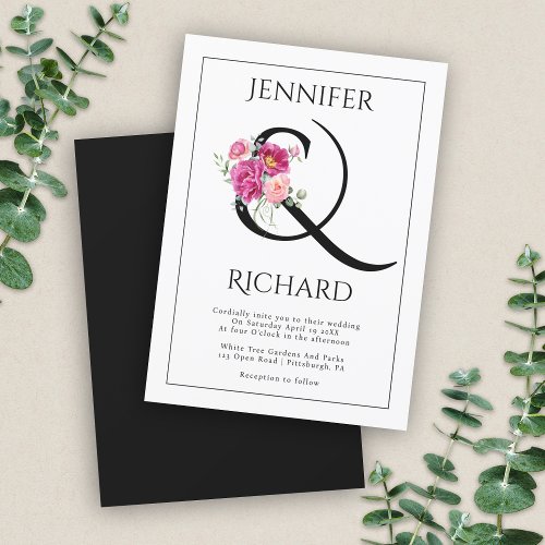 Ampersand and bouquet of pink roses wedding invitation