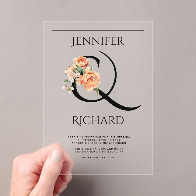 Ampersand and peach peonies floral wedding acrylic invitations (Insitu (Handheld))