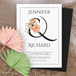 Ampersand and peach peonies floral wedding invitation