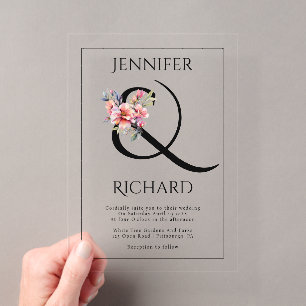 Ampersand and peach-pink rhododendron wedding acrylic invitations