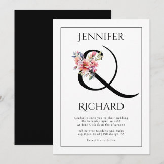 Ampersand and peach-pink rhododendron wedding invitation