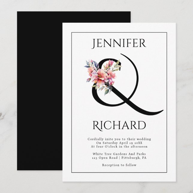 Ampersand and peach-pink rhododendron wedding invitation (Front/Back)