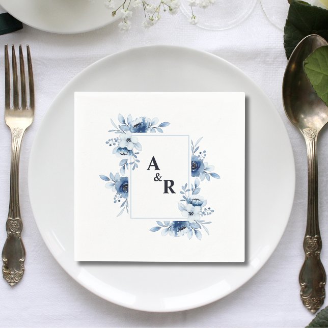 Ampersand Blue Floral Couple Initials Wedding Napkins (Creator Uploaded)