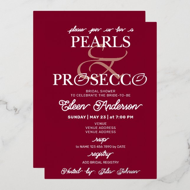 Ampersand Burgundy Pearls & Prosecco Bridal Shower Foil Invitation (Front/Back)
