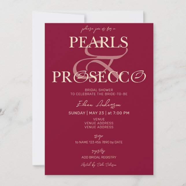 Ampersand Burgundy Pearls & Prosecco Bridal Shower Invitation (Front)