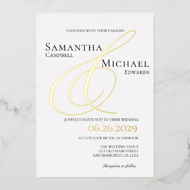 Ampersand Elegant Gold and White Modern Wedding Foil Invitation (Front)