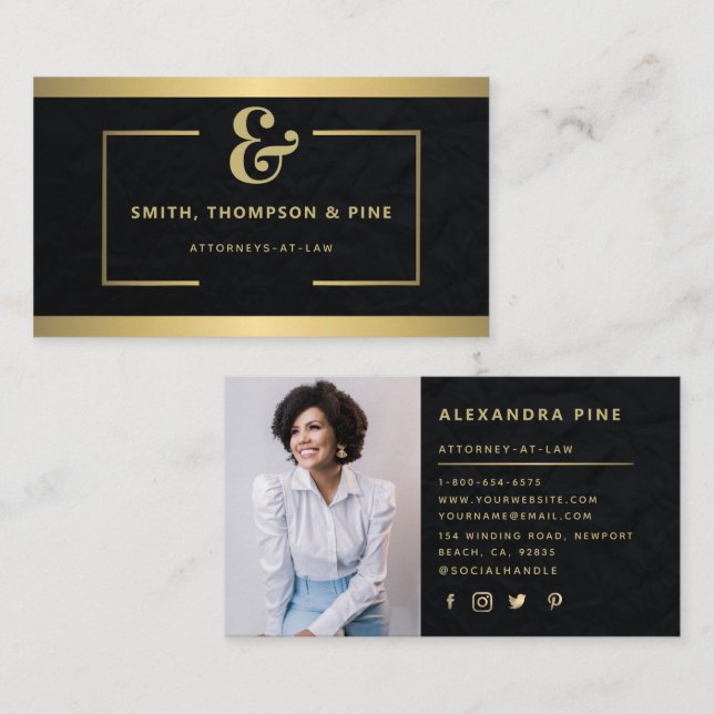 Ampersand Geometric Black Gold Professional Photo Business Card (Front/Back)