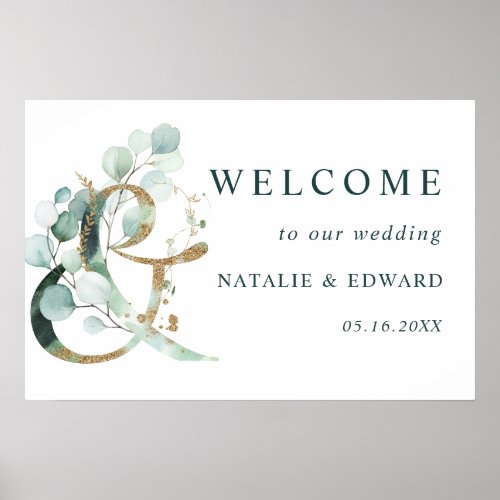 Ampersand Gold Greenery Wedding Welcome Sign