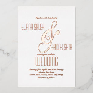 Ampersand Heart Gold Wedding Pressed   Foil Invitation