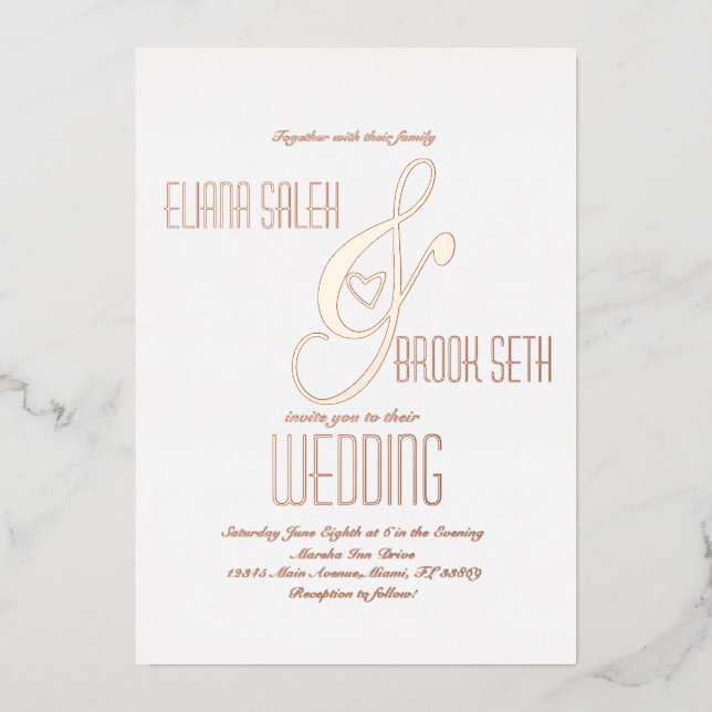 Ampersand Heart Gold Wedding Pressed   Foil Invitation (Front)