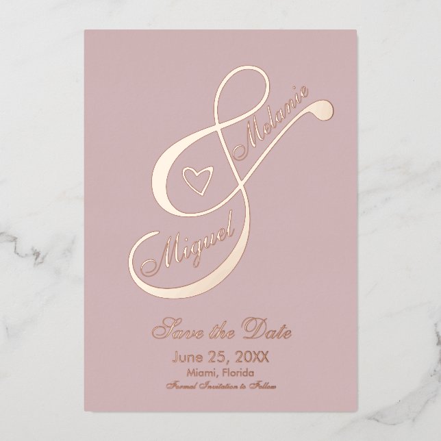 Ampersand Heart Rose Blush Save the Date Pressed  Foil Invitation (Front)