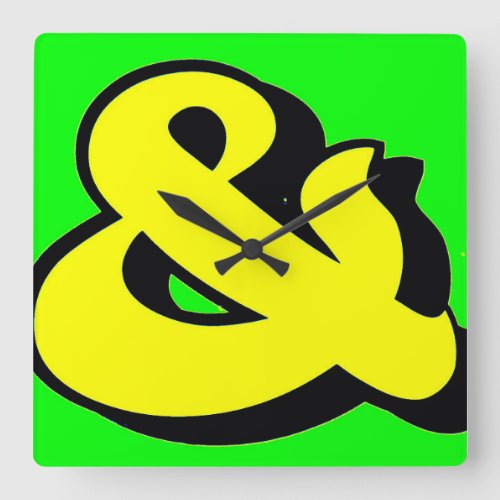 Ampersand in Yellow  Black With Green Background Square Wall Clock