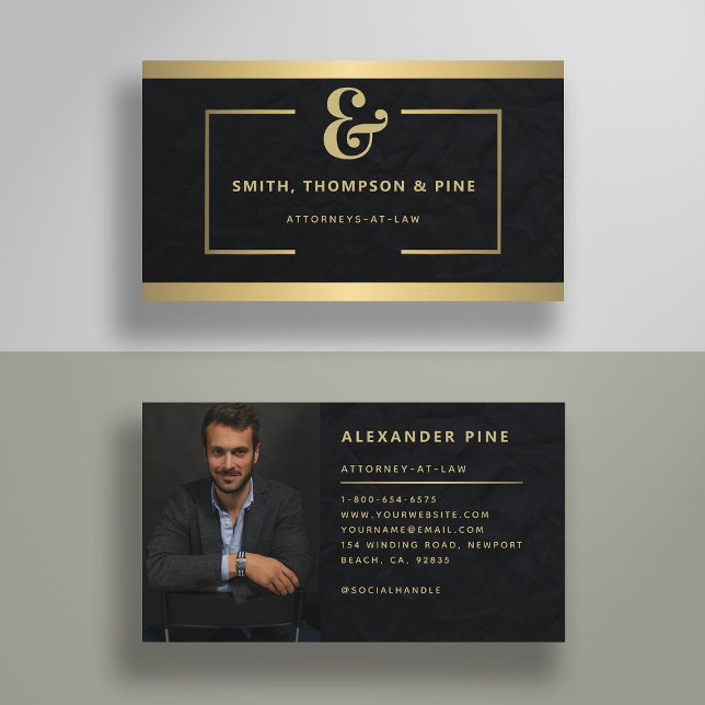 Ampersand Modern Black Gold Professional Photo Bus Business Card (lawyer business card law legal services paralegal elegant photo black gold line simple modern classy)