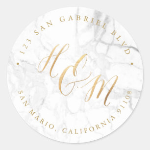 Ampersand Monogram Calligraphy Faux Gold Marble Classic Round Sticker