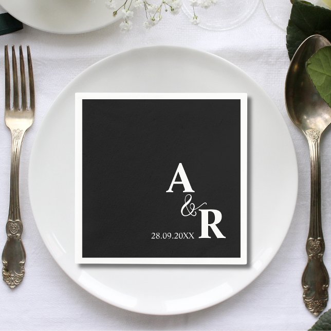 Ampersand Monogram Custom Black Wedding Cocktail Napkins (Creator Uploaded)