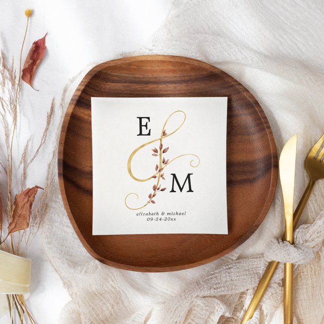 Ampersand Monogram Gold Fall Botanical Wedding Napkins (Creator Uploaded)