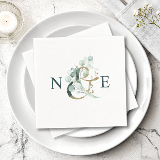 Ampersand Monogram Gold Green Wedding Napkins
