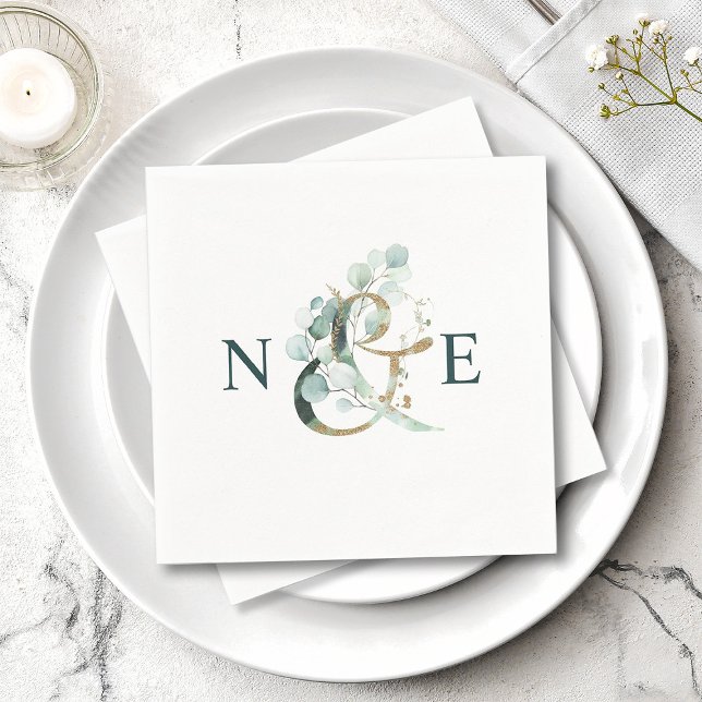 Ampersand Monogram Gold Green Wedding Napkins (Creator Uploaded)