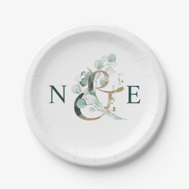 Ampersand Monogram Gold Green Wedding Paper Plates (Front)